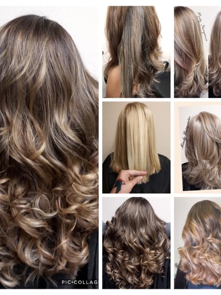 Image of  Layered, Haircuts, Women's Hair, Blunt, Blowout, Curly, Hairstyles, Straight, Color Correction, Hair Color, Fashion Color, Blonde, Balayage, Foilayage, Highlights, Long, Hair Length, Medium Length, Shoulder Length