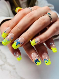 View Manicure, Nails, Nail Art, Nail Style, Stickers, Mix-and-Match, Hand Painted, Nail Jewels, White, Nail Color, Yellow, Neon, Light Green, Medium, Blue, Nail Length - Nikki’s Nail Studio, Highland Park, IL