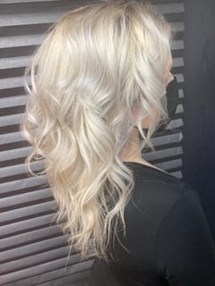 View Women's Hair, Hairstyles, Curly, Haircuts, Layered, Hair Length, Medium Length, Highlights, Full Color, Hair Color, Blonde - Kate Michaels, Lakewood, OH