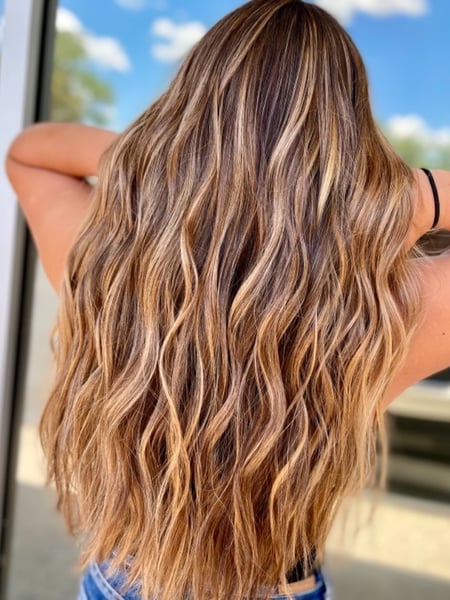 Image of  Women's Hair, Blowout, Hair Color, Balayage, Brunette, Foilayage, Highlights, Hair Length, Long, Haircuts, Blunt, Layered, Beachy Waves, Hairstyles