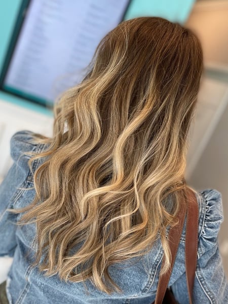 Image of  Haircuts, Blonde, Balayage, Brunette, Blowout, Long, Hairstyles, Beachy Waves, Curly, Women's Hair, Hair Color, Highlights, Layered, Hair Length, Full Color, Medium Length, Foilayage