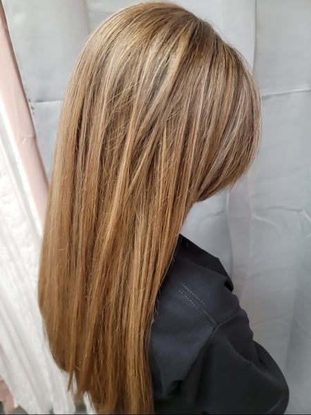 Image of  Haircuts, Blonde, Brunette, Blowout, Long, Hairstyles, Straight, Women's Hair, Hair Color, Highlights, Hair Length, Blunt, Bangs, Scalp Treatment, Hair Treatment/Restoration