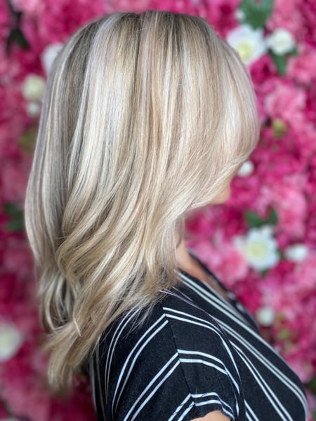 Image of  Women's Hair, Blowout, Blonde, Hair Color, Color Correction, Highlights, Medium Length, Hair Length