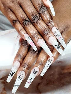 View Nails, Gel, Nail Finish, Manicure, Long, Nail Length, White, Nail Color, Stickers, Nail Style, Coffin, Nail Shape - Jackie Coffee, Lakeland, FL