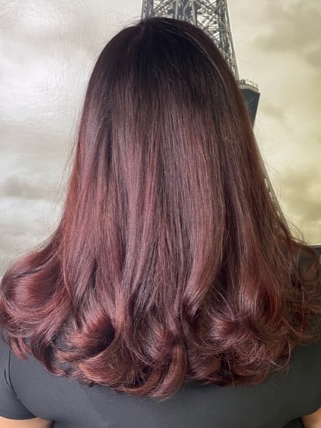 Image of  Women's Hair, Blowout, Hair Color, Balayage, Brunette, Foilayage, Ombré, Red, Hair Length, Medium Length, Haircuts, Layered, Beachy Waves, Hairstyles, Hair Restoration
