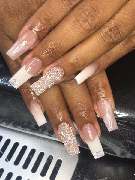 Image of  Nails, Acrylic, Nail Finish, Medium, Nail Length, Beige, Nail Color, White, French Manicure, Nail Style, Nail Jewels, Nail Art, Ombré, 3D, Stickers, Square, Nail Shape