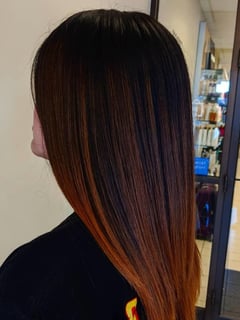 View Women's Hair, Medium Length, Hair Length, Balayage, Ombré, Fashion Color, Foilayage, Hair Color, Red, Straight, Hairstyles, Blowout - Kersten Smith, San Antonio, TX