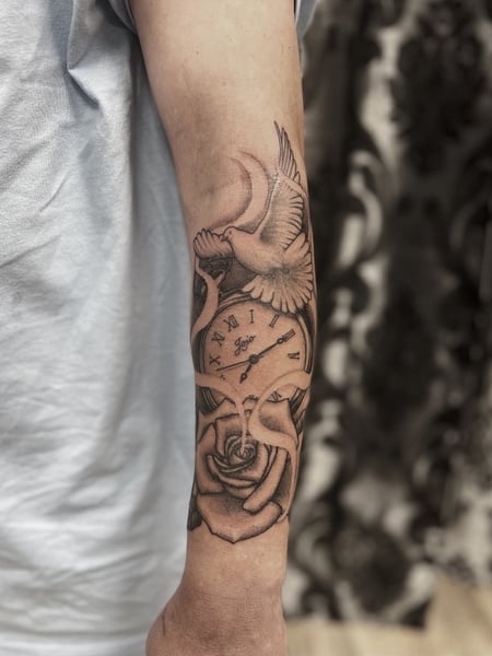Image of  Tattoos, Tattoo Style, Tattoo Bodypart, Black & Grey, Shoulder, Arm , Forearm , Wrist , Hand, Chest , Back, Thigh, Calf , Ankle 