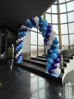 View Balloon Decor, Arrangement Type, Balloon Arch, Event Type, Birthday, Graduation, Corporate Event, Colors, White, Blue, Purple, School Pride - Amy DesChenes, Swampscott, MA