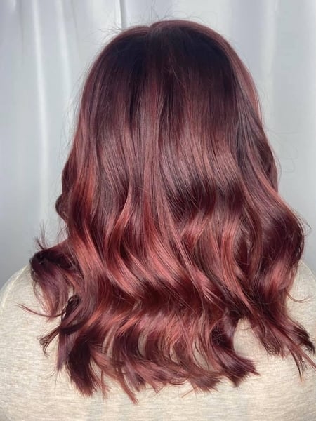 Image of  Women's Hair, Hair Color, Balayage, Red, Full Color, Medium Length, Hair Length, Beachy Waves, Hairstyles, Curly