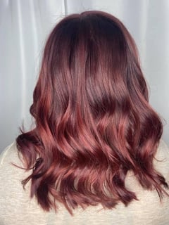 View Women's Hair, Hair Color, Balayage, Red, Full Color, Medium Length, Hair Length, Beachy Waves, Hairstyles, Curly - Ashley Ewing, Terre Haute, IN
