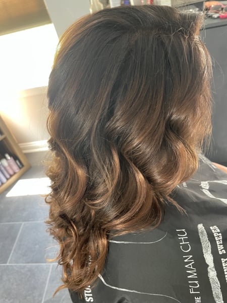 Image of  Women's Hair, Blowout, Hair Color, Balayage, Brunette, Color Correction, Full Color, Hair Length, Long, Haircuts, Layered, Hairstyles, Curly