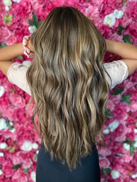 Image of  Women's Hair, Blowout, Hair Color, Balayage, Brunette, Blonde, Color Correction, Foilayage, Long, Hair Length, Hairstyles, Beachy Waves