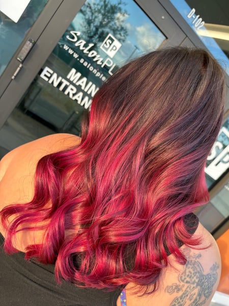 Image of  Haircuts, Red, Fashion Color, Balayage, Brunette, Blowout, Long, Hairstyles, Beachy Waves, Women's Hair, Hair Color, Layered, Hair Length, Blunt, Full Color, Color Correction, Shoulder Length, Foilayage