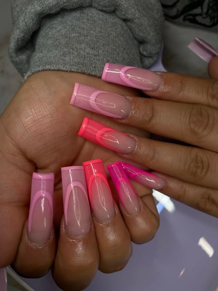 Image of  Nails, Nail Art, Gel, Acrylic, Pink, Color Block, Pastel, Nail Style, Nail Color, Nail Length, Manicure, French Manicure, Nail Finish, Reverse French, Long, Stickers, Medium, Beige, Nail Shape, Square, Ombré, Nail Service Type