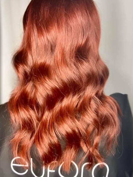 Image of  Women's Hair, Hair Color, Full Color, Red, Medium Length, Hair Length, Beachy Waves, Hairstyles, Curly