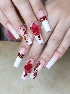View Nails, Nail Shape, Square, 3D, Nail Style, Ombré, White, Red, Pink, Nail Color, Glitter, Nail Length, XL, Nail Finish, Acrylic - Ivet Campos , West Palm Beach, FL