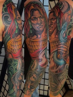 View Tattoos, Tattoo Bodypart, Tattoo Colors, Shoulder, Arm , Forearm , Wrist , Blue, Green , Orange , Red, Yellow  - Terry Ribera, San Diego, CA