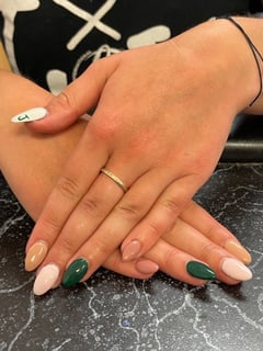 View Nails, Acrylic, Nail Finish, Gel, Short, Nail Length, Beige, Nail Color, Brown, Green, Pink, White, Accent Nail, Nail Style, Hand Painted, Mix-and-Match, Almond, Nail Shape - Grace Thomsen, West Des Moines, IA