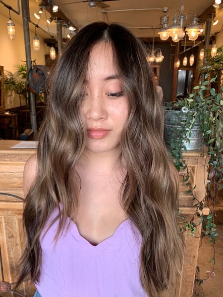 Image of  Women's Hair, Hair Color, Balayage, Black, Blonde, Brunette, Color Correction, Foilayage, Full Color, Highlights, Ombré, Medium Length, Hair Length, Long, Blunt, Haircuts, Layered, Beachy Waves, Hairstyles