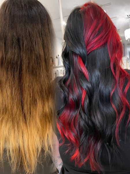 Image of  Women's Hair, Blowout, Hair Color, Balayage, Black, Fashion Color, Red, Full Color, Hair Length, Long, Haircuts, Hairstyles, Beachy Waves, Boho Chic Braid, Curly