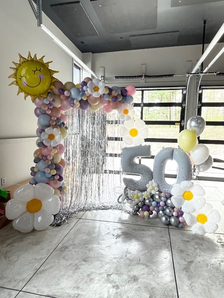 Image of  Balloon Decor, Arrangement Type, Helium Bouquet, Balloon Wall, Balloon Garland, Event Type, Birthday, Colors, White, Blue, Yellow, Green, Pink, Pastel, Accents, Flowers