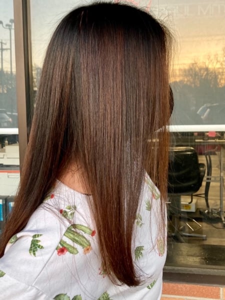 Image of  Women's Hair, Hair Color, Balayage, Ombré, Red, Medium Length, Hair Length, Blunt, Haircuts, Straight, Hairstyles