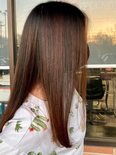 View Hairstyle, Straight, Haircut, Blunt (Women's Haircut), Hair Length, Long Hair (Upper Back Length), Red, Ombré, Balayage, Hair Color, Women's Hair - Kara Zalesny, Poughkeepsie, NY