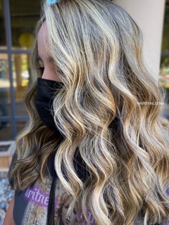 View Women's Hair, Hair Color, Balayage, Blonde, Foilayage, Highlights, Long Hair (Upper Back Length), Hair Length, Long Hair (Mid Back Length), Beachy Waves, Hairstyle - Aileen Mercadal, Vienna, VA