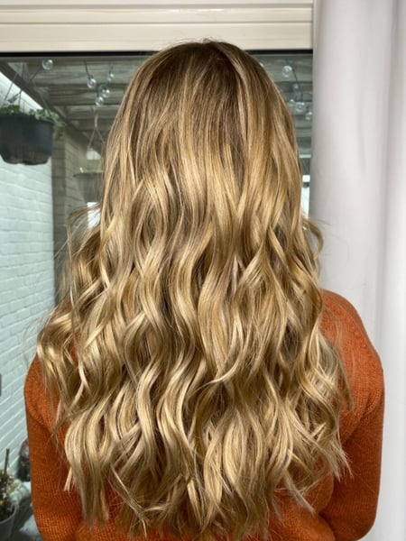 Image of  Women's Hair, Blowout, Hair Color, Balayage, Blonde, Foilayage, Highlights, Long, Hair Length, Beachy Waves, Hairstyles