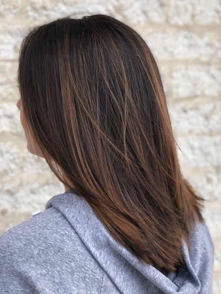 Image of  Women's Hair, Blowout, Hair Color, Balayage, Brunette, Foilayage, Medium Length, Hair Length, Layered, Haircuts, Straight, Hairstyles
