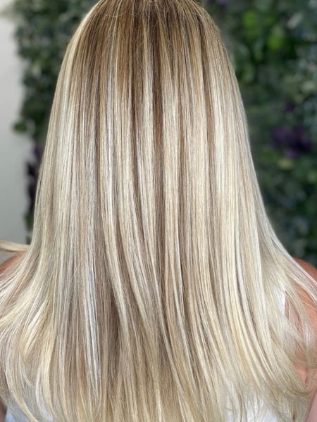 Image of  Women's Hair, Blonde, Hair Color, Highlights, Long Hair (Mid Back Length), Hair Length, Blunt (Women's Haircut), Haircut, Straight, Hairstyle