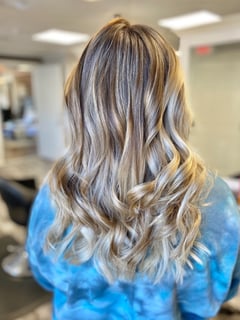 View Highlights, Haircut, Layers, Long Hair (Mid Back Length), Long Hair (Upper Back Length), Hair Length, Foilayage, Blonde, Hair Color, Balayage, Women's Hair - Rachel Parr, Bedford, NH