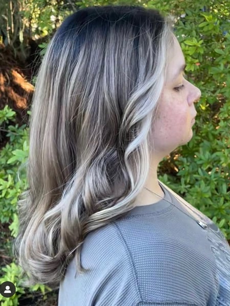 Image of  Layered, Haircuts, Women's Hair, Bangs, Blowout, Beachy Waves, Hairstyles, Curly, Silver, Hair Color, Color Correction, Full Color, Balayage, Blonde, Brunette, Hair Length, Medium Length