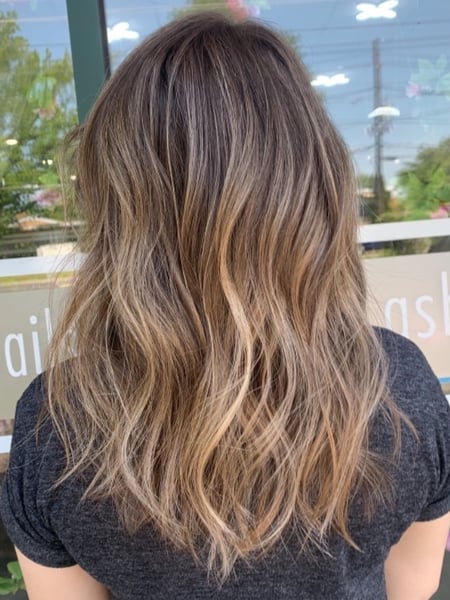 Image of  Women's Hair, Blowout, Hair Color, Balayage, Blonde, Brunette, Foilayage, Highlights, Hair Length, Medium Length, Haircuts, Layered, Beachy Waves, Hairstyles
