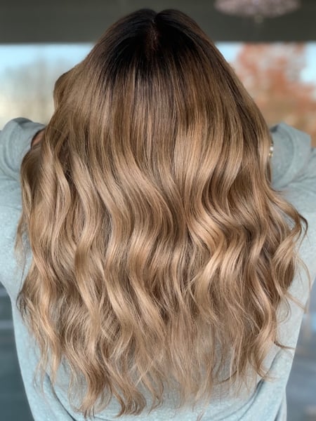 Image of  Women's Hair, Blowout, Hair Color, Color Correction, Highlights, Blonde, Long Hair (Mid Back Length), Hair Length, Layers, Haircut, Beachy Waves, Hairstyle