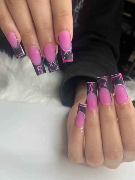 Image of  Nail Length, Nails, Long, Hand Painted, Nail Style, Nail Art, Black, Nail Color, Pink, Gel, Nail Finish, Acrylic, Square, Nail Shape