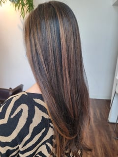 View Straight, Hairstyle, Layers, Long Hair (Mid Back Length), Haircut, Hair Length, Highlights, Foilayage, Brunette Hair, Black, Balayage, Hair Color, Blowout, Women's Hair - Kristi Salvato, Houston, TX