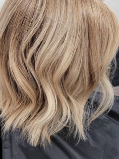 View Women's Hair, Hair Color, Blonde, Shoulder Length, Hair Length, Bob, Haircuts, Beachy Waves, Hairstyles, Permanent Hair Straightening, Blowout, Full Color, Foilayage - Kelsey Bieber , Overland Park, KS