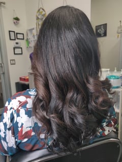 View Haircuts, Brunette, Blowout, Permanent Hair Straightening, Hairstyles, Curly, Women's Hair, Hair Color, Highlights, Layered, Hair Length, Medium Length, Natural, Silk Press, Scalp Treatment, Hair Treatment/Restoration - Michele Moon, Indianapolis, IN