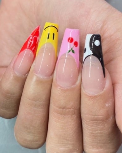 Image of  Nails, Gel, Nail Finish, Long, Nail Length, Beige, Nail Color, Pink, Red, Yellow, Accent Nail, Nail Style, Color Block, French Manicure, Hand Painted, Nail Art, Mix-and-Match, Coffin, Nail Shape, Ballerina