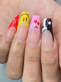 View Gel, Ballerina, Nail Shape, Coffin, Mix-and-Match, Nail Art, Hand Painted, French Manicure, Color Block, Nail Style, Accent Nail, Yellow, Red, Pink, Nail Color, Beige, Nail Length, Long, Nail Finish, Nails - Destiny M, Miami, FL