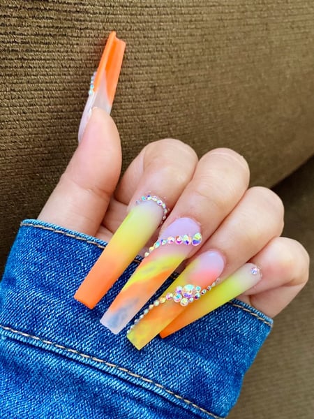 Image of  Long, Nail Length, Nails, Nail Art, Nail Style, Ombré, Mix-and-Match, 3D, Hand Painted, Nail Jewels, French Manicure, Nail Color, White, Yellow, Black, Matte, Glitter, Pastel, Red, Brown, Orange, Clear, Gold, Neon, Light Green, Glass, Metallic, Pink, Blue, Green, Purple, Beige, Manicure, Nail Finish, Gel, Acrylic, Dip Powder, Basic Nail Polish, Nail Shape, Round, Squoval, Oval, Stiletto, Square, Almond, Coffin