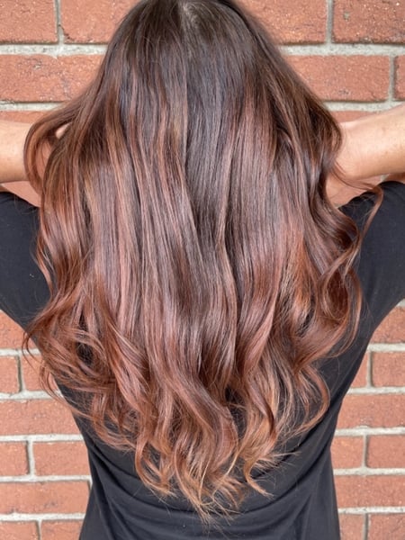 Image of  Women's Hair, Hair Color, Balayage, Brunette, Foilayage, Highlights, Red, Hair Length, Medium Length, Layered, Haircuts, Beachy Waves, Hairstyles, Curly