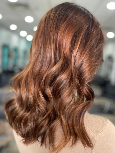 Image of  Women's Hair, Hair Color, Balayage, Brunette, Highlights, Red, Medium Length, Hair Length, Beachy Waves, Hairstyles