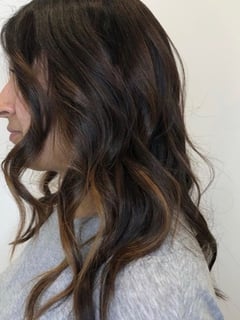 View Haircuts, Layered, Hair Length, Medium Length, Highlights, Foilayage, Hair Color, Women's Hair, Brunette, Hairstyles, Beachy Waves - Keila S, Jersey City, NJ
