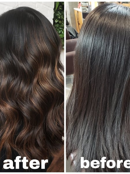 Image of  Women's Hair, Blowout, Hair Color, Balayage, Black, Brunette, Color Correction, Foilayage, Highlights, Hair Length, Medium Length, Haircuts, Layered, Hairstyles, Beachy Waves, Curly