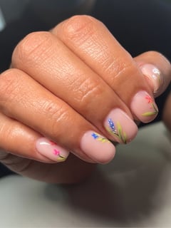 View Nails, Manicure, Gel, Nail Finish, Short, Nail Length, Pink, Nail Color, Pastel, Hand Painted, Nail Style, Nail Art, Square, Nail Shape - Lisa Selenschek, Grayslake, IL