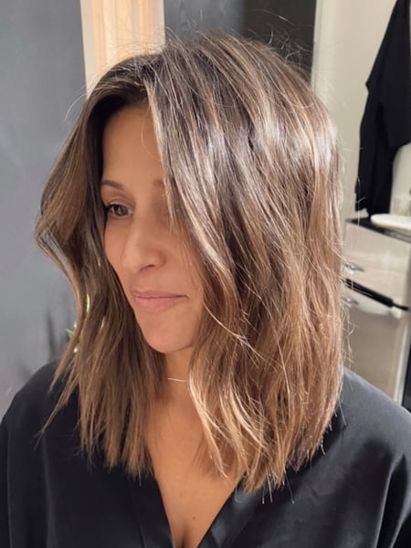 Image of  Women's Hair, Blowout, Balayage, Hair Color, Brunette, Highlights, Shoulder Length, Hair Length, Bob, Haircuts, Beachy Waves, Hairstyles