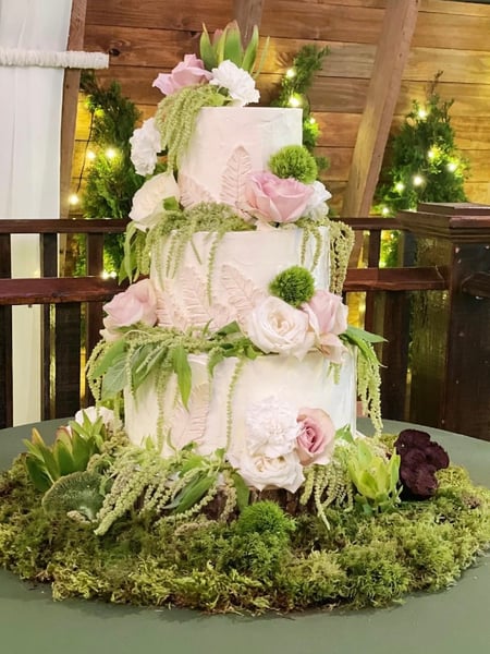 Image of  Cakes, Occasion, Wedding Cake, Color, Green, Pink, White, Icing Type, Buttercream, Icing Techniques, Hand Painting, Shape, Tiered, Round, Theme, Floral